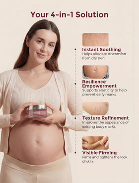 Momcozy Stretch Mark Cream in bathroom setting with other skincare products