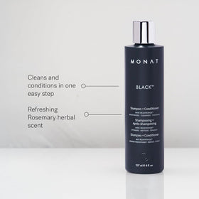 MONAT Black Shampoo + Conditioner back label with ingredients