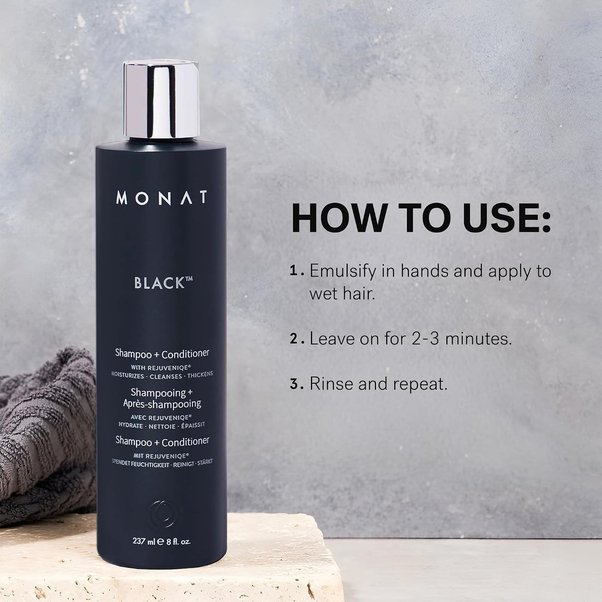 MONAT Black Shampoo + Conditioner with natural ingredients background