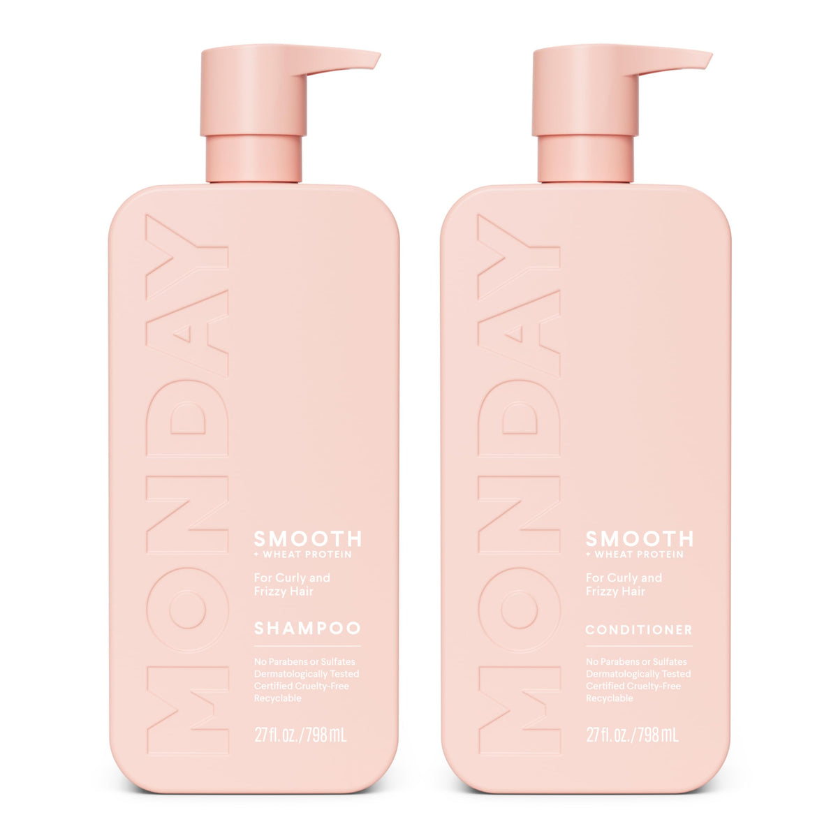 MONDAY HAIRCARE Smooth Shampoo and Conditioner set front view, pink bottles