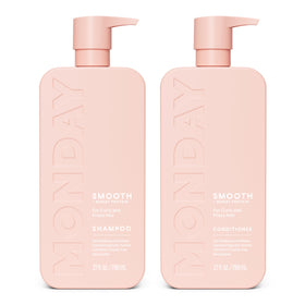 MONDAY HAIRCARE Smooth Shampoo and Conditioner set front view, pink bottles