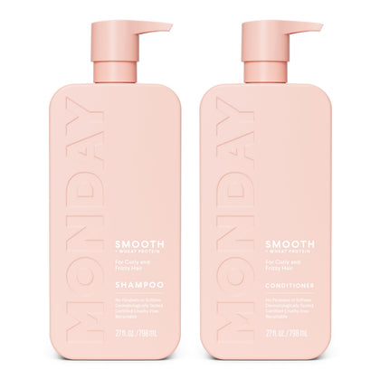 MONDAY HAIRCARE Smooth Shampoo and Conditioner set front view, pink bottles