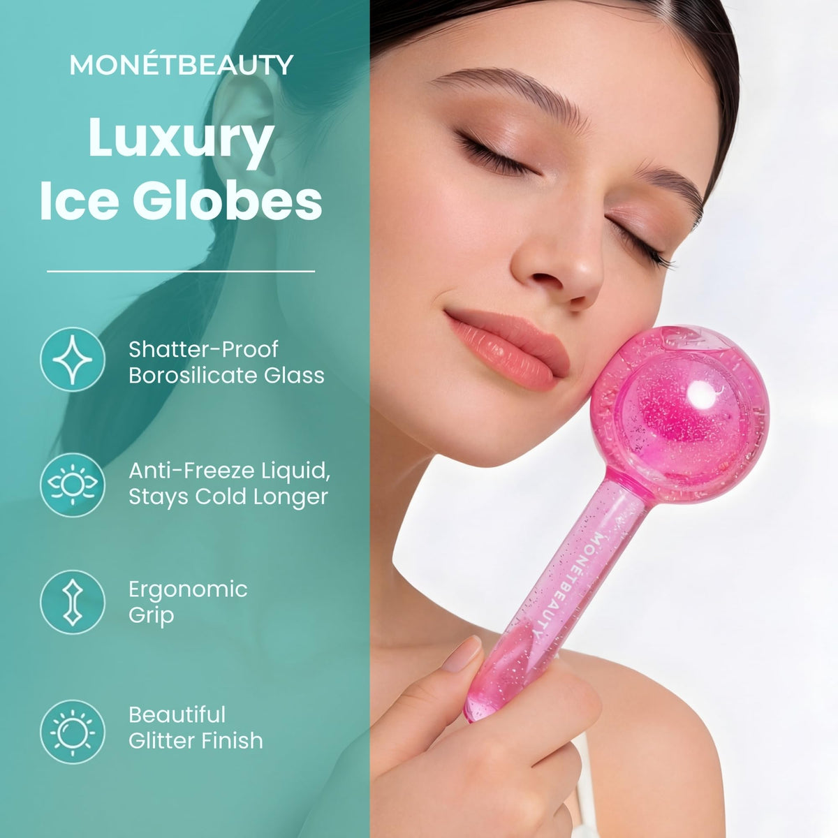 MonétBeauty Ice Globes displayed on a bathroom counter