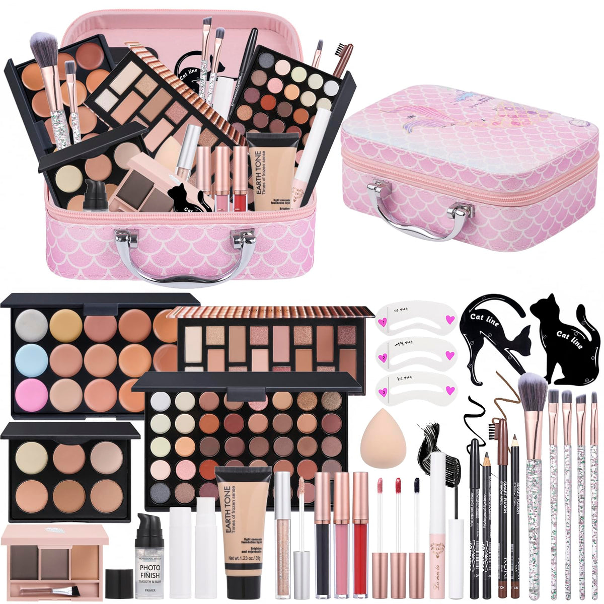 Moobirlet Travel Makeup Kit front view with various makeup products