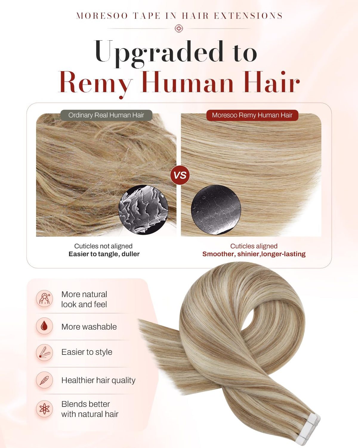 Moresoo 16in Tape in Hair Extensions Beige Blonde packaging