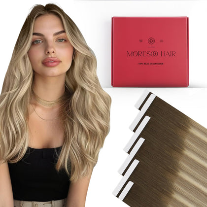 Moresoo Brown Blonde Tape in Hair Extensions front view
