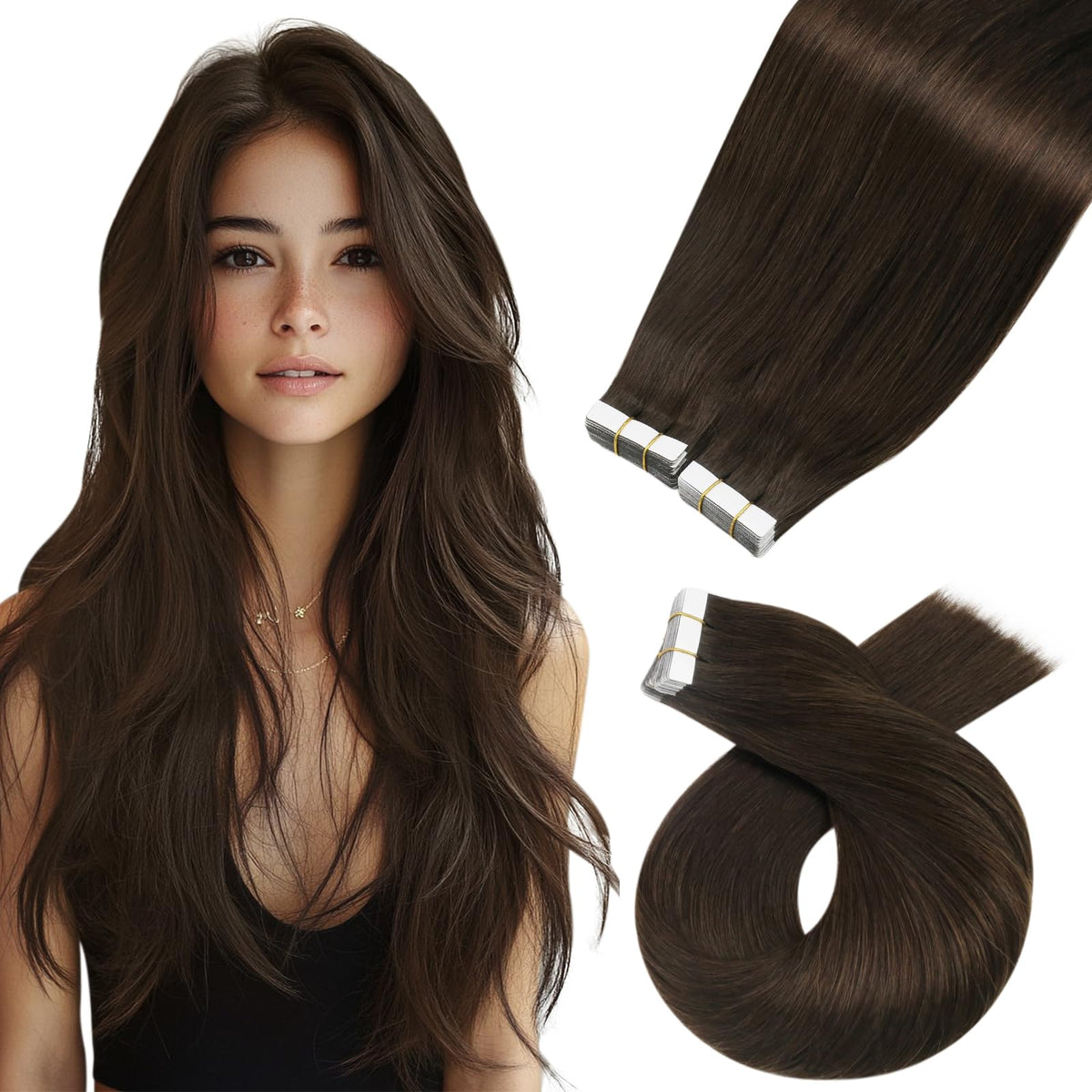 Moresoo Dark Brown Tape In Extensions 16 Inch front view