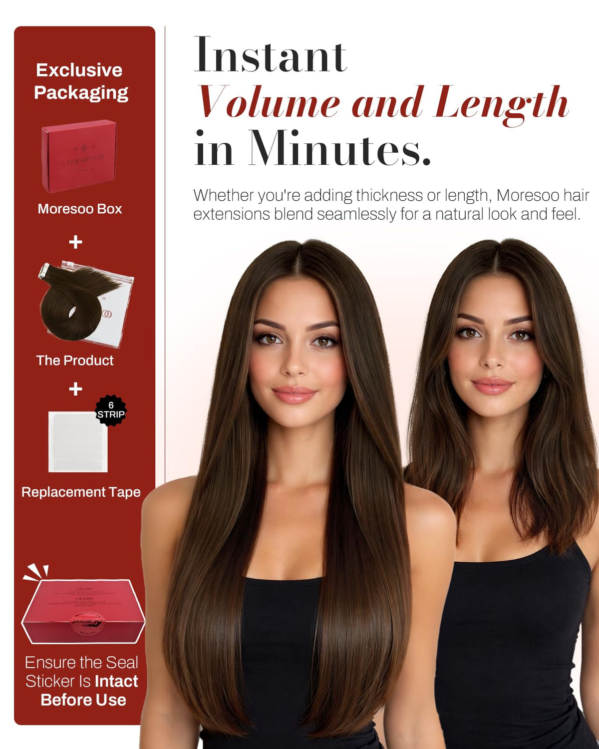 Moresoo Dark Brown Tape In Extensions displayed on a model