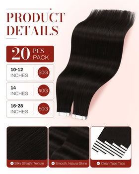 Moresoo Darkest Brown Tape-In Hair Extensions 14 Inch displayed on a model