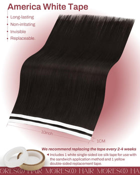 Moresoo Genius Tape Weft Human Hair Extensions displayed with styling tools