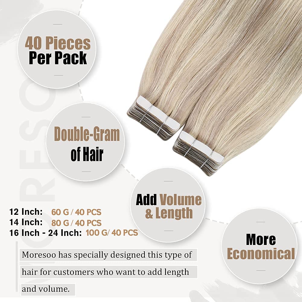 Moresoo Hair Extensions Tape Ash Blonde 22in packaging