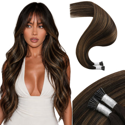 Moresoo I Tip Hair Extensions 16 Inch Brown Chestnut Ombre front view