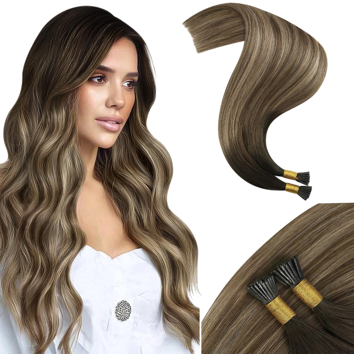 Moresoo I Tip Hair Extensions 18 Inch Brown Toffee Honey Ombre front view