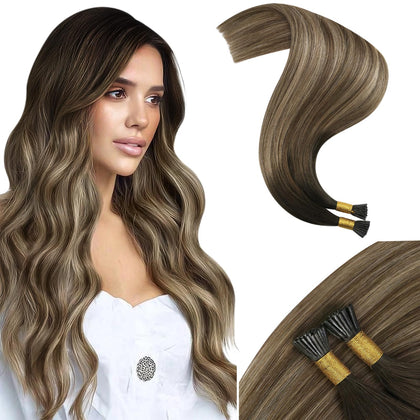 Moresoo I Tip Hair Extensions 18 Inch Brown Toffee Honey Ombre front view