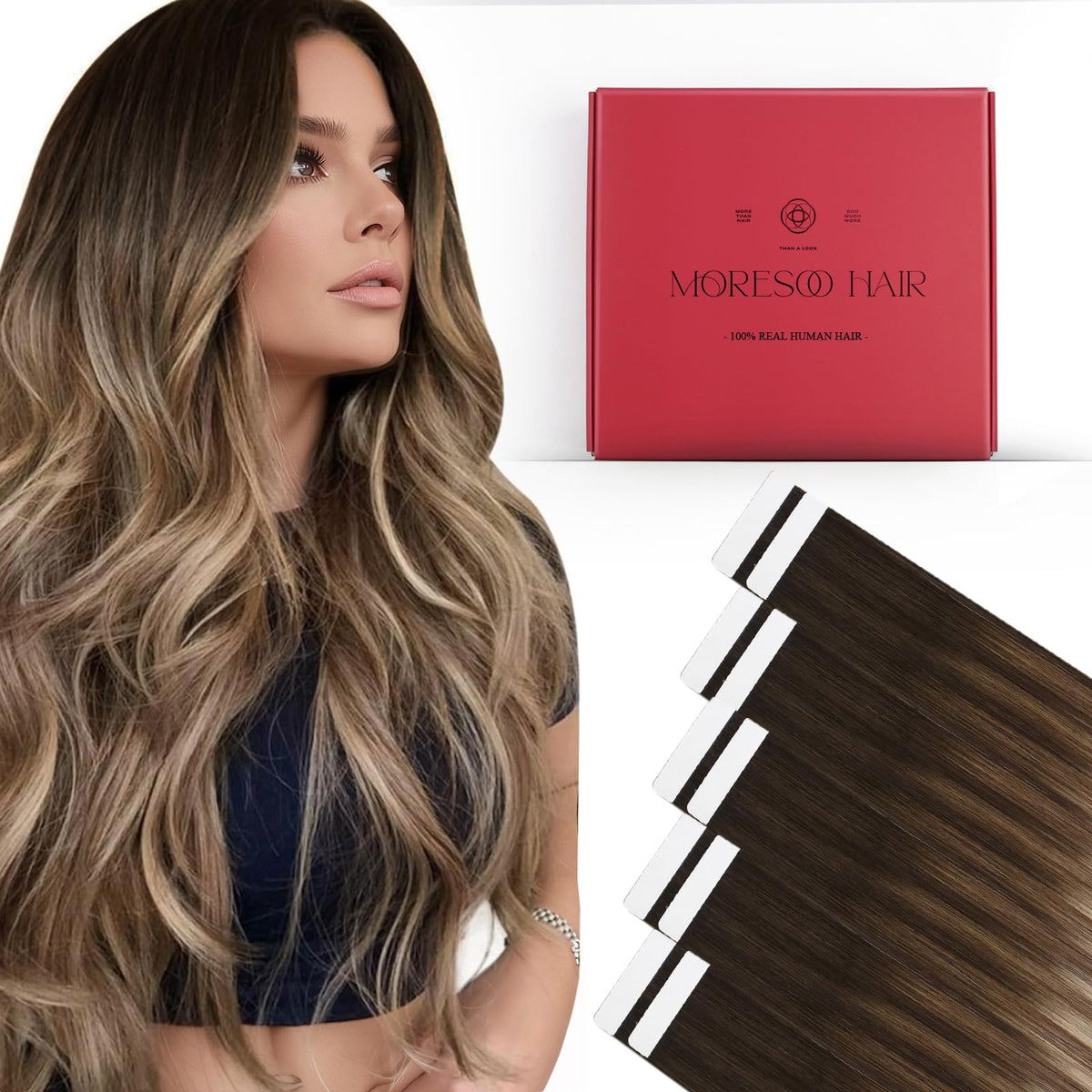 Moresoo Invisible Tape in Extensions Golden Brown Balayage front view