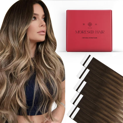 Moresoo Invisible Tape in Extensions Golden Brown Balayage front view