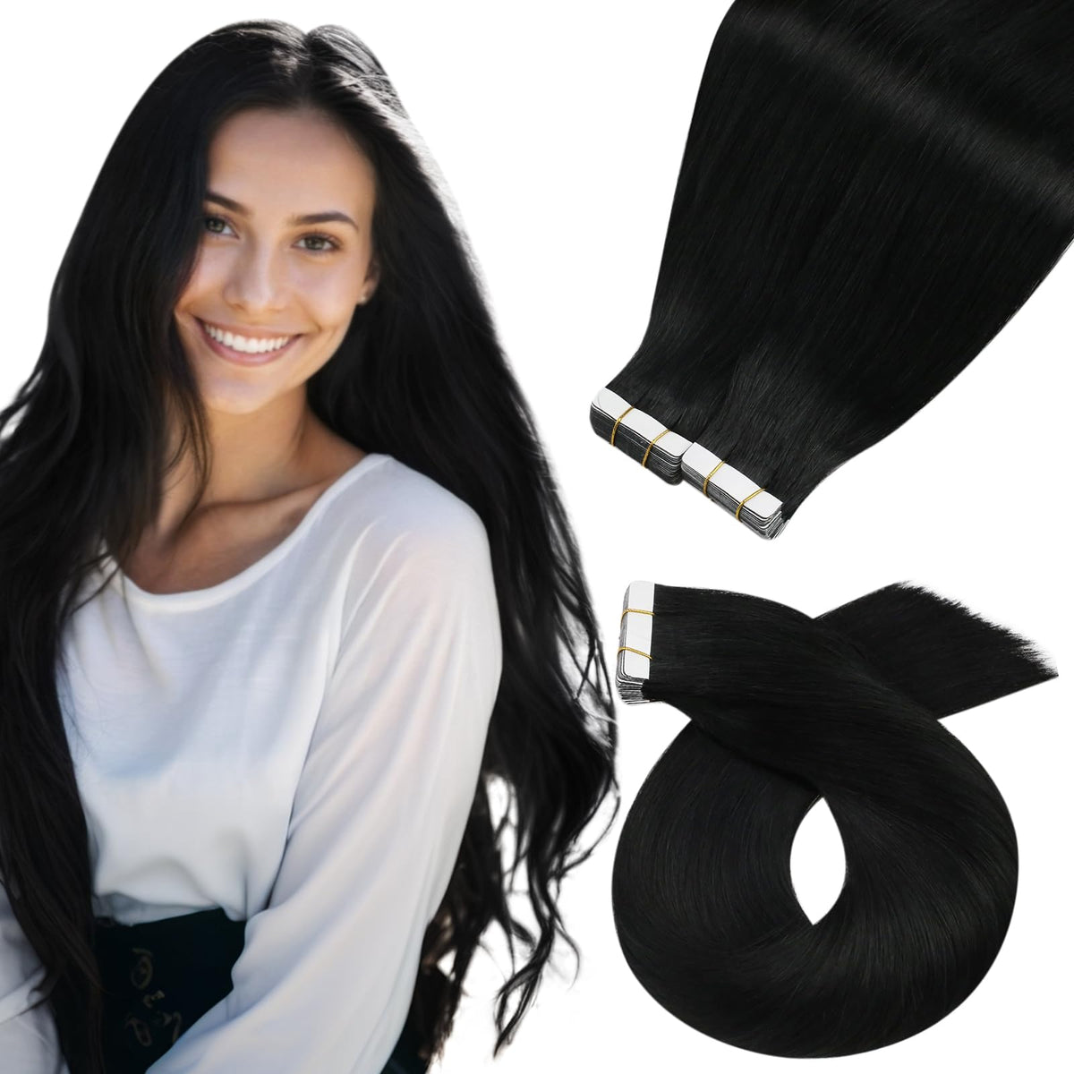 Moresoo Jet Black Human Hair Tape In Extensions 14 Inch front view