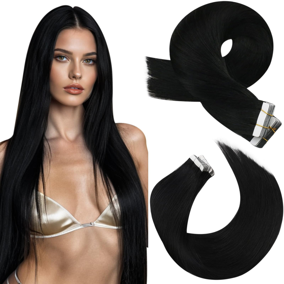 Moresoo Jet Black Tape in Extensions 20 Inch front view