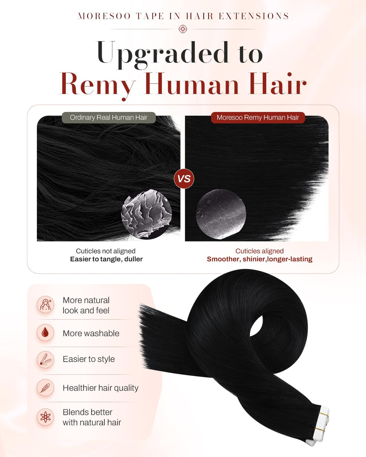 Moresoo Jet Black Tape in Extensions packaging