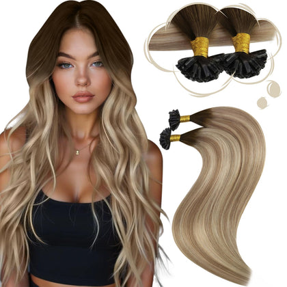 Moresoo K Tip Hair Extensions Ash Brown Blonde Balayage front view