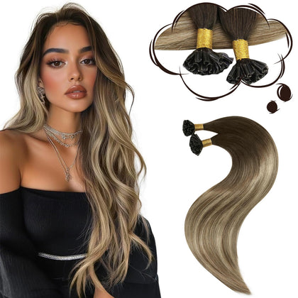 Moresoo K Tip Hair Extensions Brown Blonde Balayage front view