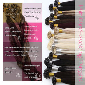 Moresoo K Tip Hair Extensions Jet Black displayed with hair tools