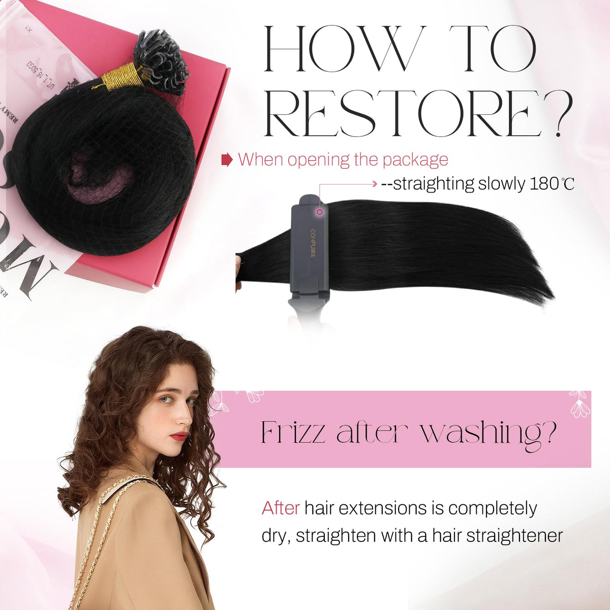 Moresoo K Tip Hair Extensions Jet Black on mannequin