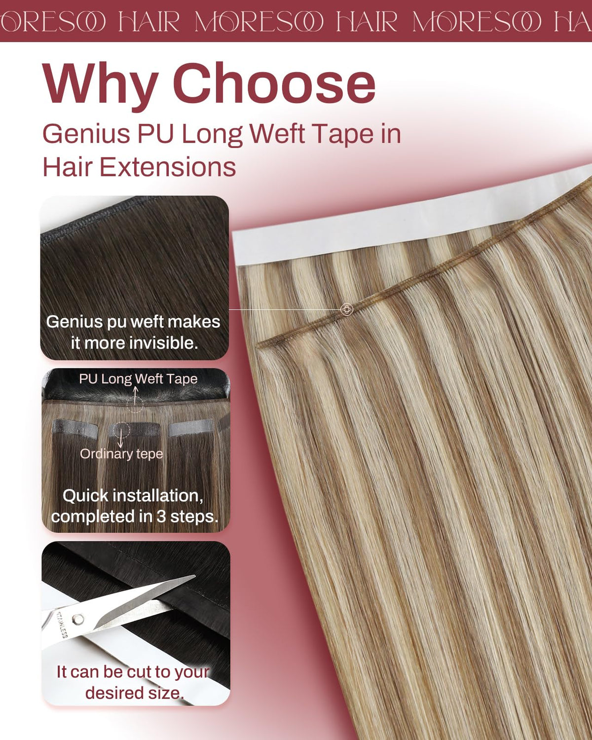 Moresoo Light Brown Highlight Tape Weft Extensions 20 Inch packaging