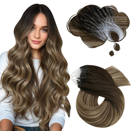 Moresoo Micro Loop Hair Extensions 24 Inch Brown Blonde Ombre front view