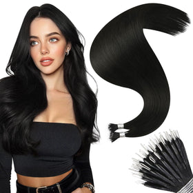 Moresoo Nano Bead Hair Extensions jet black 22 inch front view