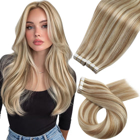 Moresoo Tape Hair Extensions 22in Brown Blonde Highlights front view