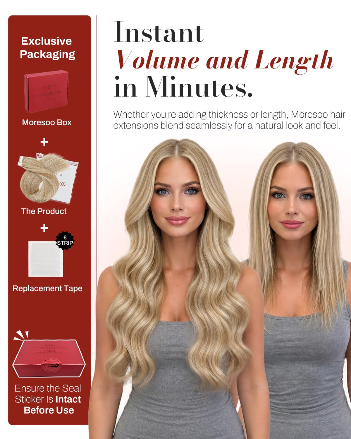Moresoo Tape Hair Extensions displayed on a wooden background