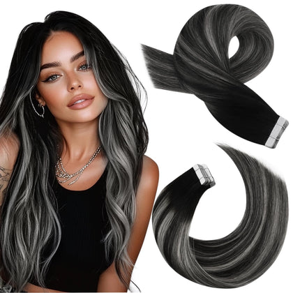 Moresoo Tape in Hair Extensions 18in Black Silver front view