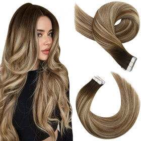 Moresoo Tape in Hair Extensions 18in dark brown blonde front view