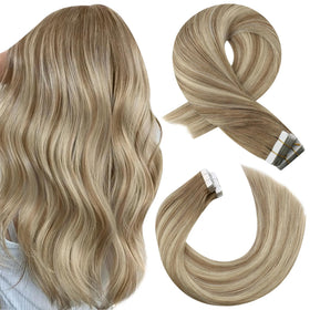 Moresoo Tape In Hair Extensions Ash Brown Blonde 18in front view