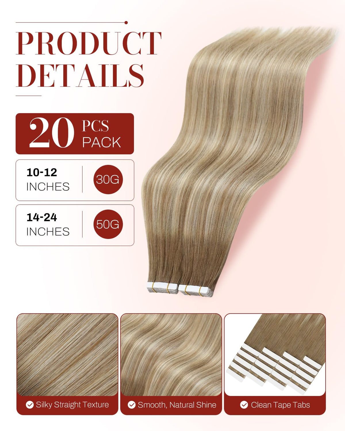 Moresoo Tape In Hair Extensions Ash Brown Blonde close-up of tape