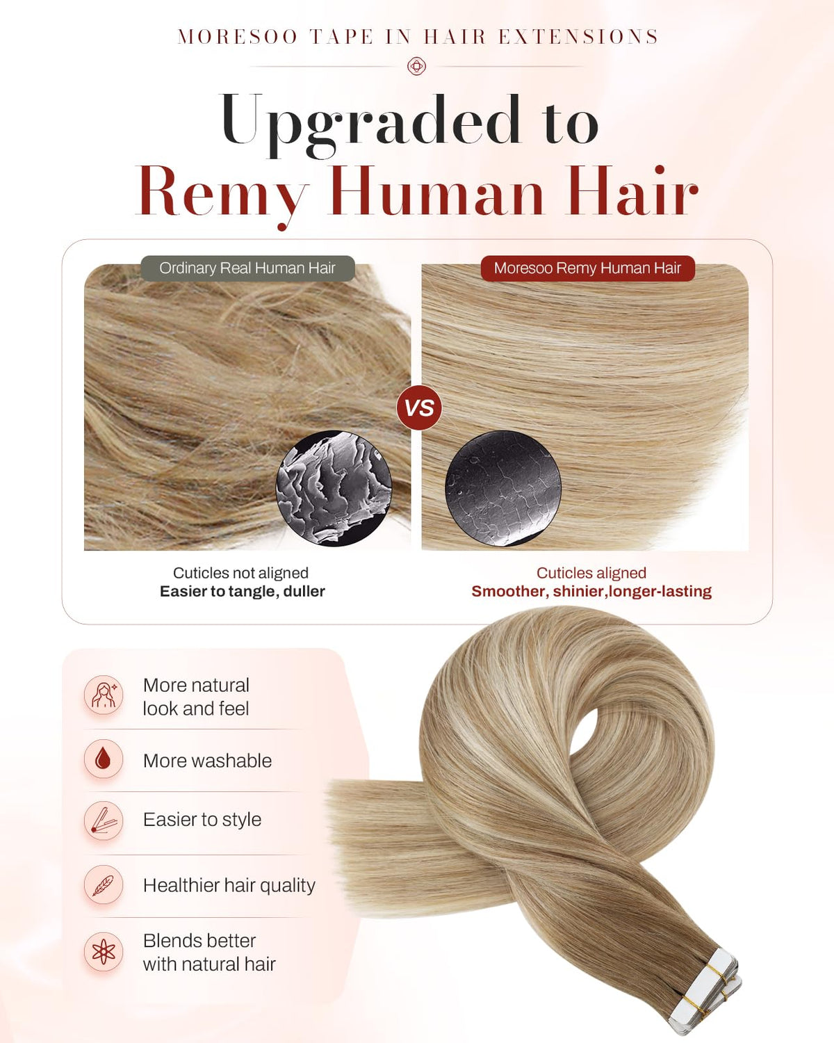 Moresoo Tape In Hair Extensions Ash Brown Blonde packaging