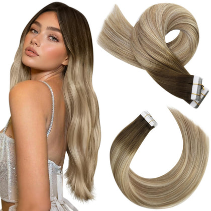Moresoo Tape in Hair Extensions Brown Blonde Ombre 24in front view