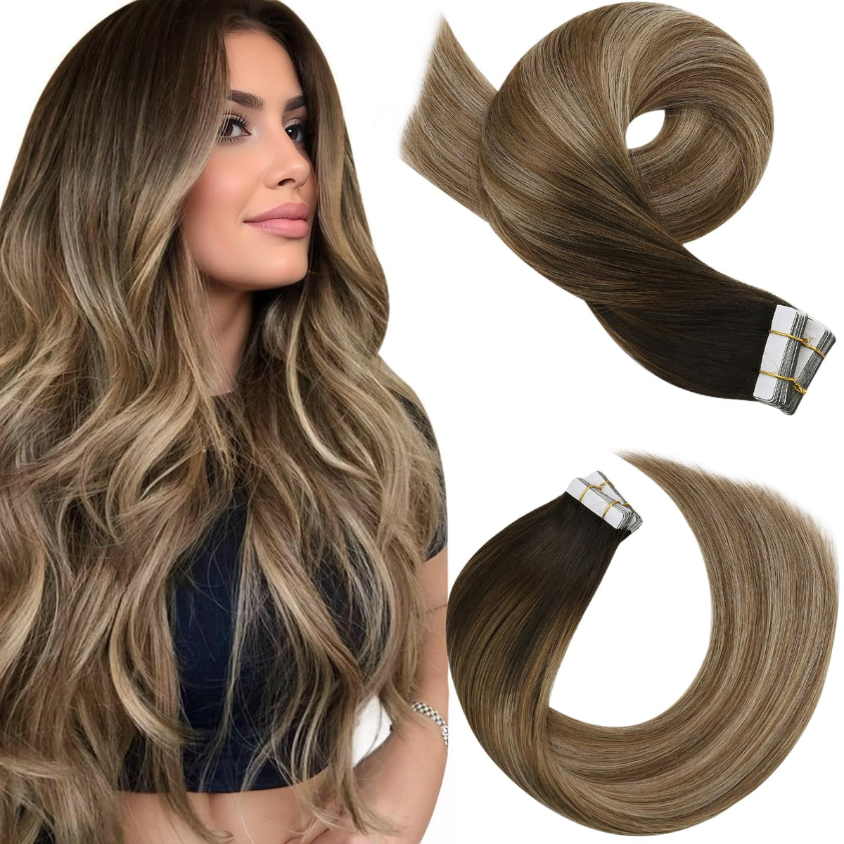 Moresoo Tape-In Hair Extensions Golden Brown Balayage front view