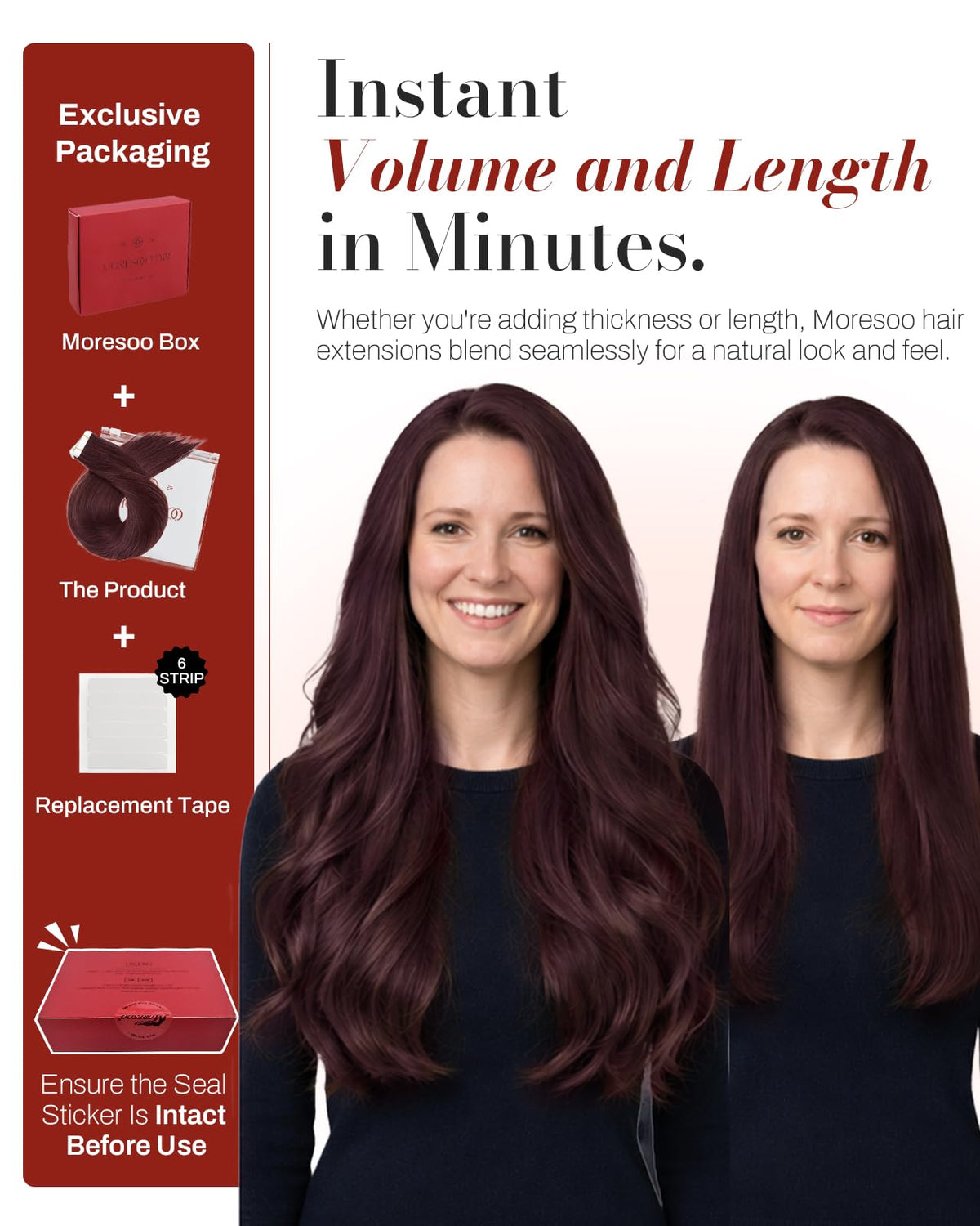 Moresoo Tape in Hair Extensions Wine Red 16 Inch back view