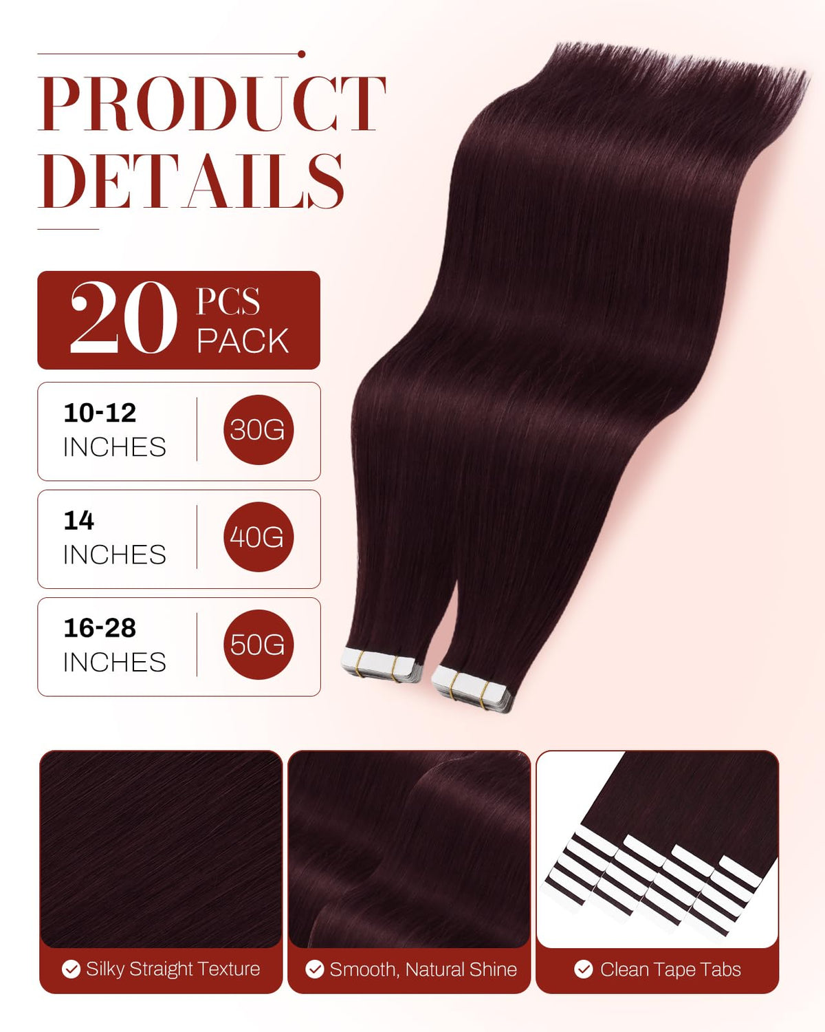 Moresoo Tape in Hair Extensions Wine Red 16 Inch close-up of tape