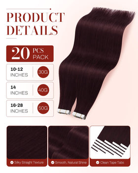 Moresoo Tape in Hair Extensions Wine Red 16 Inch close-up of tape