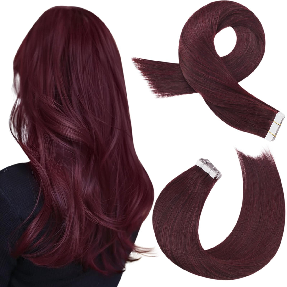 Moresoo Tape in Hair Extensions Wine Red 16 Inch front view