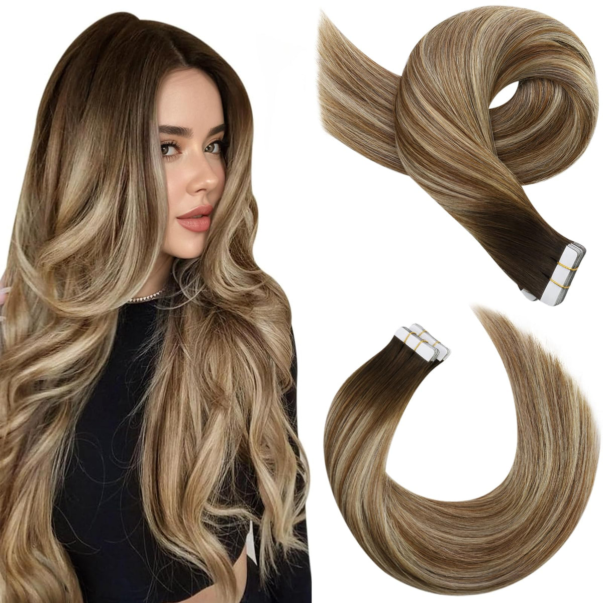 Moresoo Tape in Human Hair Extensions 16in dark brown blonde front view