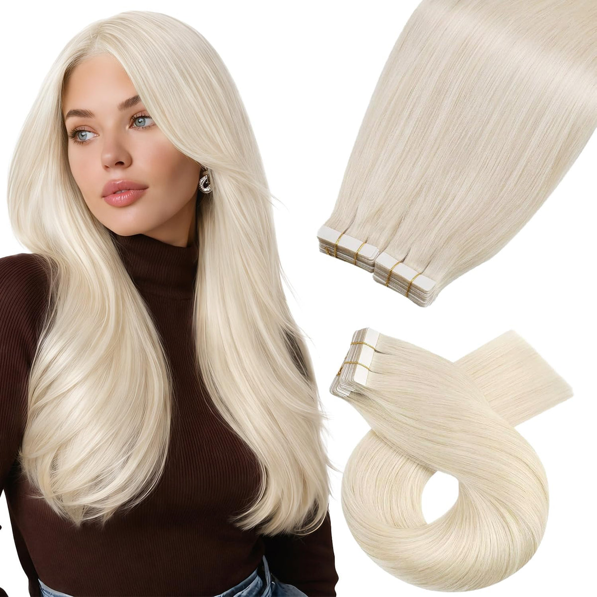 Moresoo Tape In Human Hair Extensions 18 Inch white blonde front view