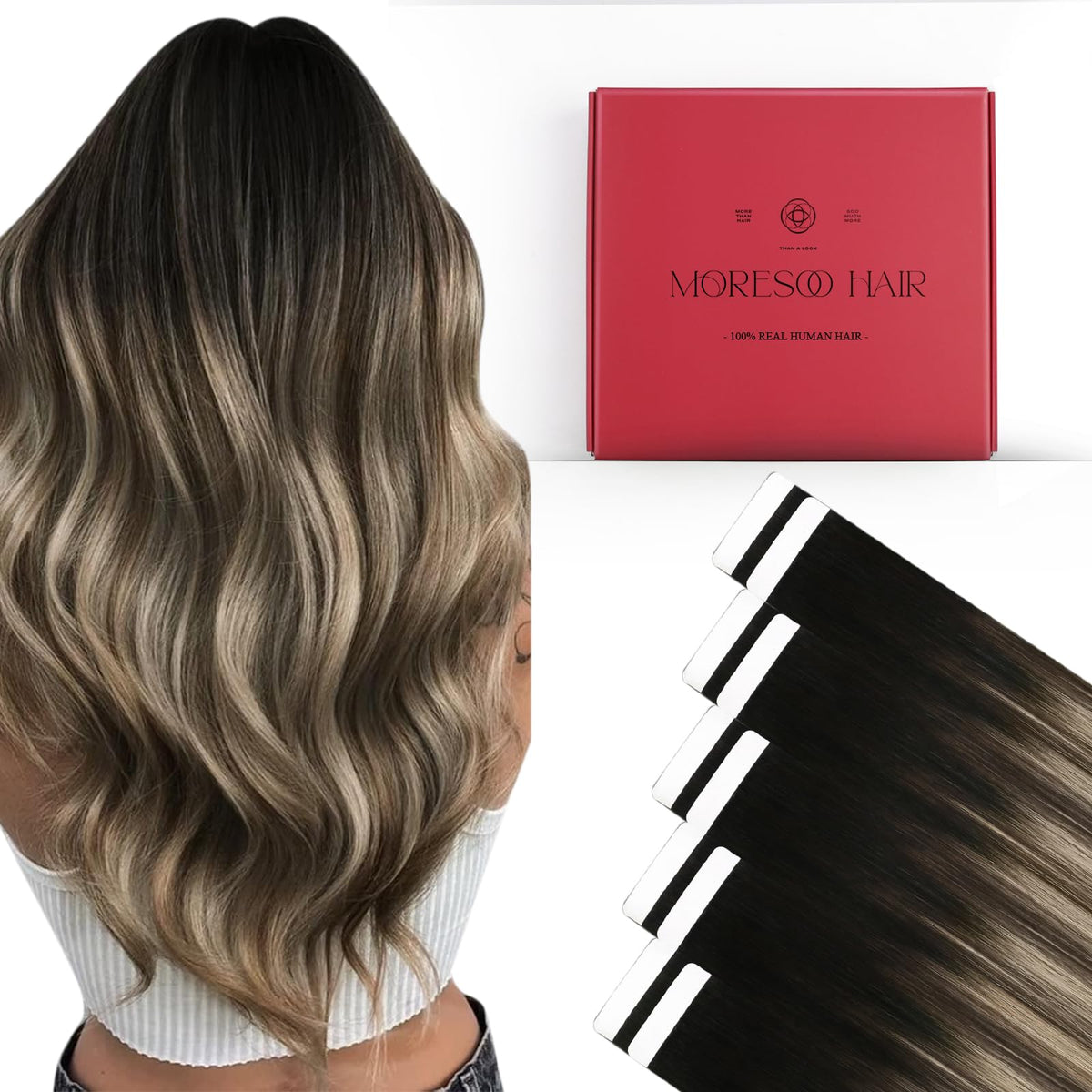 Moresoo Tape In Human Hair Extensions 18in Black Brown front view