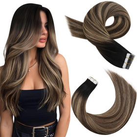 Moresoo Tape in Human Hair Extensions Balayage Brown front view
