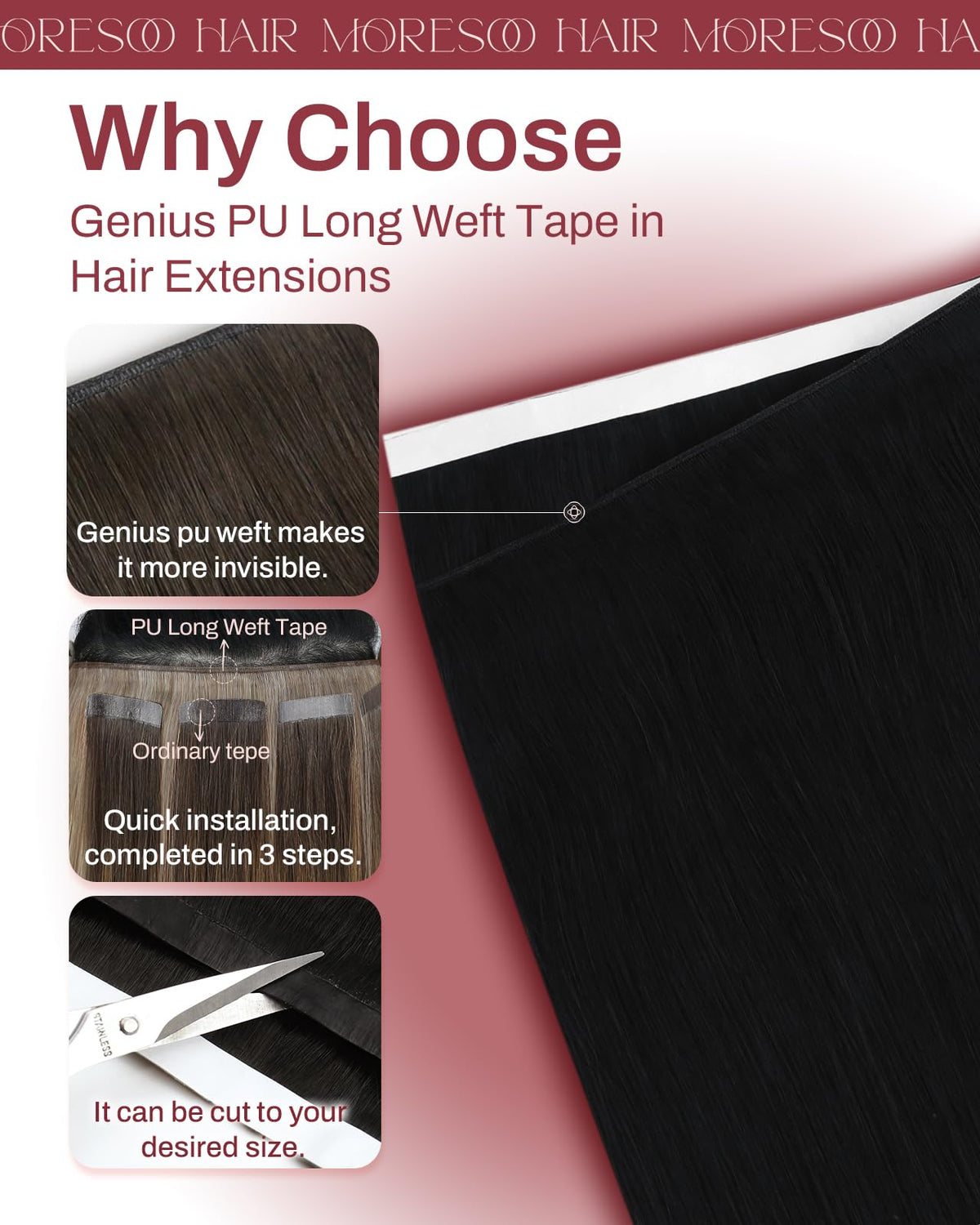 Moresoo Tape in Wefts Human Hair Jet Black 16 inch packaging