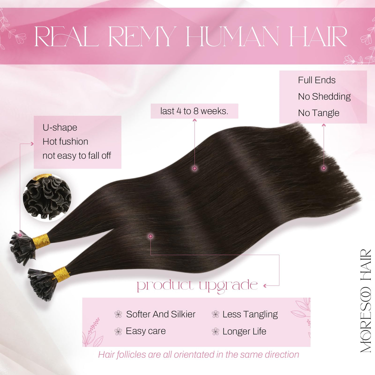 Moresoo U Tip Hair Extensions Dark Brown showing keratin bond