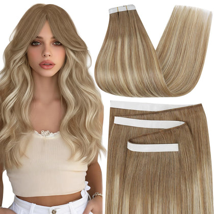 Moresoo Weft Tape Extensions Light Brown Blonde 20 Inch front view